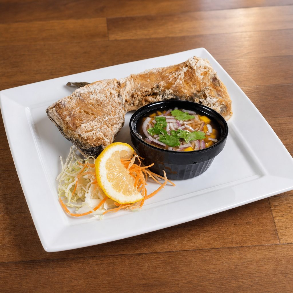 Fried Hamachi Kama with Thai Mango Salsa.