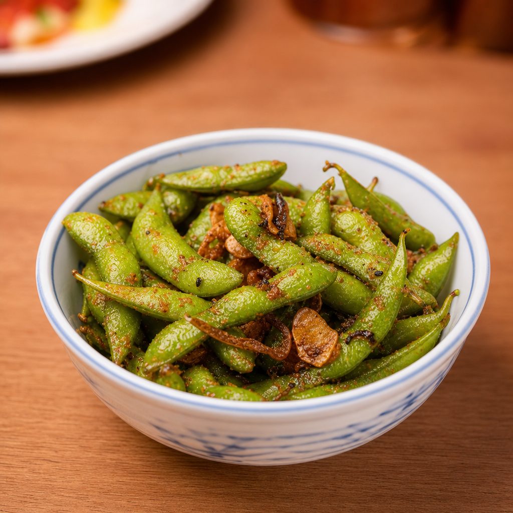 Spicy Garlic Edamame.