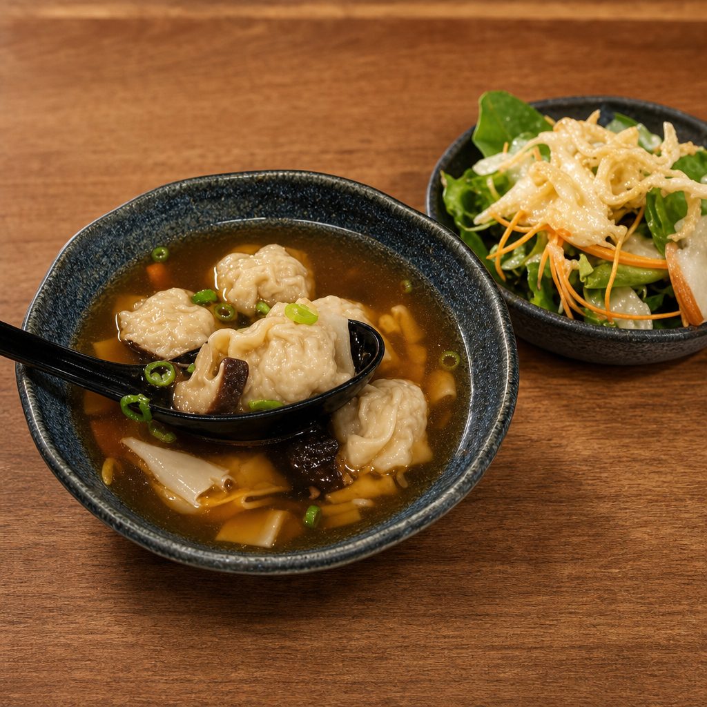 Wonton Dashi & Side Salad.